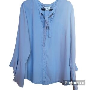 Junarose Light Blue Tie-Neck Ruffle Sleeve Blouse